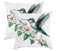Spring Pillow Covers Set of 2, Teal Hummingbird Flower Throw Pillow Cases, Outdoor Decorative Square Farmhouse Decor Cushion Covers for Home Sofa Bed Couch 16x16 Inch