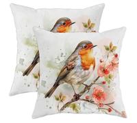 Spring Pillow Covers Set of 2, Vintage Robin Bird and Floral Decor Throw Pillow Case, Farmhouse Floral Decorative Cushion Covers for Home Sofa Bed Couch 16x16 Inch