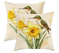 Spring Pillow Covers Set of 2, Yellow Daffodil and Hummingbird Decorative Throw Pillow Cases, Seasonal Farmhouse Decor for Home Couch Sofa Bed 16x16 Inch