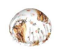 Spring Pink Floral Scottish Highland Cow,Shower Cap Nightcap Double Layer Waterproof Elastic Bath Cap Reusable Hair Cap