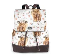 Spring Pink Floral Scottish Highland Cow,Women Backpack Waterproof Daypack Lightweight PU Leather Fashion Travel Backpack