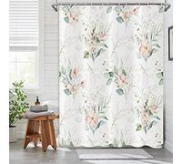 Spring Pink Floral Shower Curtain, Weighted Bottom Sage Green Eucalyptus Leaf Watercolor Botanical Plants with Gold Branches Fabric Bathroom Curtain Home Decor Waterproof Washable with 12 Hooks
