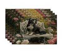 Spring Pitbull Dog Placemats Set of 4, 12''x18'', Romantic Floral Bench 4Pcs Washable Table Mats for Home Dinning, Pet Holiday Party Kitchen Decoration