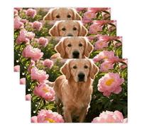 Spring Place Mats Set 30x45cm*4 Golden Retriever & Daisy Decorative Summer Decor Placemats Rectangle Spring Table Mats for Party Home Kitchen Dining Table Decoration