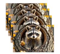 Spring Place Mats Set 30x45cm*4 Raccoon in The Fall Tree Hole Decorative Summer Decor Placemats Rectangle Spring Table Mats for Party Home Kitchen Dining Table Decoration