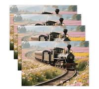 Spring Place Mats Set 30x45cm*4 Steam Train Decorative Summer Decor Placemats Rectangle Spring Table Mats for Party Home Kitchen Dining Table Decoration