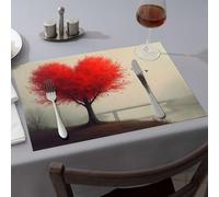 Spring Placemats A Lone Tree With Vibrant Red Leaves Stands On A Hill Overlooking A Misty River Dining Place Mats Kitchen And Dining Tablecloth(4PCS)