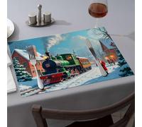 Spring Placemats A Snowy Village With A Green Train And Santa Claus Dining Place Mats Kitchen And Dining Tablecloth(6PCS)