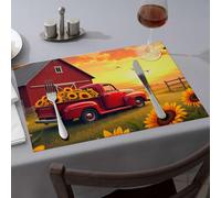 Spring Placemats A Vintage Red Truck Loaded With Sunflowers In Front Of A Barn At Sunset Dining Place Mats Modern Farmhouse Decor Washable Placemats(6PCS)