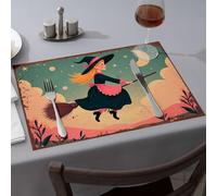 Spring Placemats A Witch Flying On A Broomstick Under A Starry Night Sky Dining Place Mats Kitchen And Dining Tablecloth(4PCS)