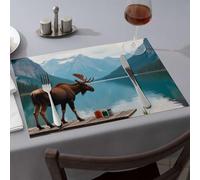 Spring Placemats Alpine Majesty: A Moose'S Tea Break By The Lake Dining Place Mats Easter Table Decorations Table Cloth(4PCS)
