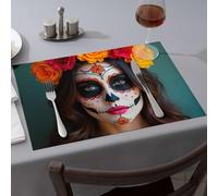 Spring Placemats Day of The Dead Face Paint with Flowers Dining Place Mats Easter Table Decorations Decorative Plates(6PCS)