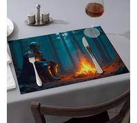 Spring Placemats Knight Sitting By Campfire In Forest Dining Place Mats Modern Farmhouse Decor Washable Placemats(6PCS)