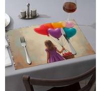 Spring Placemats Little Girl With Heart Balloons And Basket Dining Place Mats Western Party Decorations Washable Placemats(6PCS)