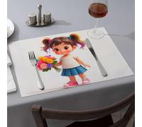 Spring Placemats Little Girl With Rainbow Pigtails Holding Flowers Dining Place Mats Western Party Decorations Washable Placemats(1PCS)