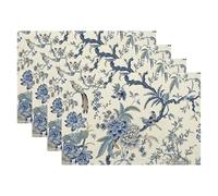 Spring Placemats Set of 4,Chinoiserie Navy Blue Bird Floral Table Mats 12x18 Inch,Plant Flower Summer Seasonal Heat-Resisting Non Slip Linen Burlap Place Mats for Kitchen Dining Table Decor