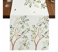 Spring Plants Table Runner, Watercolor Tree Funny Birds Brown Branches Farmhouse Cotton and Table Linen Runner for Kitchen Dining Home Decor for Party Festival Holiday Decoration Gift 16x72in