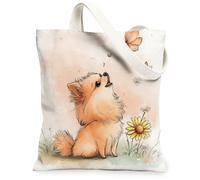 Spring Pomeranian Dog Canvas Tote Bag for Shopping 13 * 15, Sunflower Plant Flower Reusable Grocery Shoulder Cloth Bag for Women, Pet Painting Gift Decor