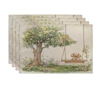 Spring Poodle Dog Placemats Set of 4, 12''x18'', Cute Floral Tree Swing 4Pcs Print Washable Table Mats for Dinning, Pet Holiday Home Kitchen Decor