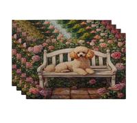 Spring Poodle Dog Placemats Set of 4, 12x18 Inch, Romantic Floral Bench 4Pcs Seasonal Table Mats for Dinning, Pet Holiday Home Kitchen Decor