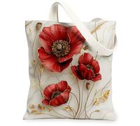 Spring Poppies Canvas Tote Bag for Shopping 13 * 15, Luxury Relief Flowers Leaf Reusable Grocery Shoulder Bag for Women, Floral Painting Gift Decoration