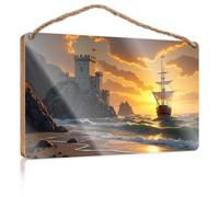 Spring Porch Sign Castle By The Sea At Sunset With Sailing Ship Wooded Sign Man Cave Decor Hanging Wood Home Wall Sign(20X30CM)