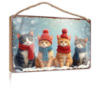 Spring Porch Sign Four Cute Cats In Winter Hats And Scarves Wooded Sign Man Cave Decor Hanging Wood Home Wall Sign(23X35CM)
