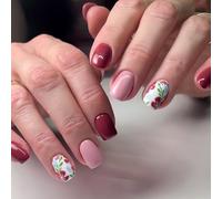 Spring Press on Nails Short Square False Nail Brownish-Red Nails Press ons with Flower Leaf Design Pink Glue on Nail Artificial Manicure for Girls Fingertip Art Style 24Pcs