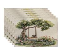 Spring Pug Dog Placemats Set of 6, 12''x18'', Cute Floral Tree Swing 6Pcs Washable Table Mats for Home Dinning, Pet Holiday Party Kitchen Decoration
