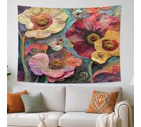 Spring Quilted Poppy Flower Tapestry Wall Hanging, Floral Wildflower Tapestry for Bedroom, Small Large Fun Garden Wall Print Decor for Living Room Entrance Bedroom 60 * 50