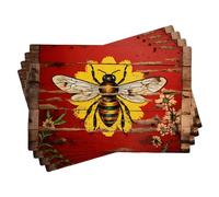 Spring Rectangle Placemats Vintage Bee Block Farmhouse Flowers and Plants Red and Yellow Linen Heat Resistant Washable Waterproof Table Restaurants Kitchen Set of 4 Placemats 12x18 Inch
