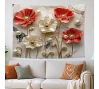 Spring Relief Poppy Flower Tapestry for Bedroom, Luxury Floral Wildflower Tapestry Wall Hanging, Print Pattern Garden Wall Decor for Living Room Entrance Dorm 80 * 60