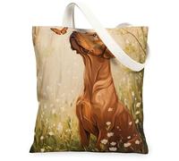 Spring Rhodesian Ridgebacks Dog Canvas Tote Bag for Shopping 13 * 15, Cute Butterflies Reusable Grocery Shoulder Bag for Women, Pet Painting Gift Decor