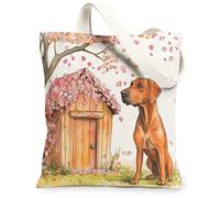 Spring Rhodesian Ridgebacks Dog Canvas Tote Bag for Shopping 13 * 15, Funny Floral Cabin Reusable Grocery Bag for Women, Pet Work Travel Painting Gift Decor