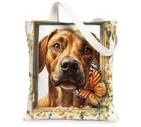 Spring Rhodesian Ridgebacks Dog Canvas Tote Bag for Shopping 13 * 15, Funny Floral Windows Reusable Grocery Shoulder Bag for Women, Pet Painting Gift Decoration