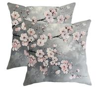 Spring Romantic Cherry Blossom Pillow Covers Set Of 2, Grey Modern Elegant Japanese House Decorations Throw Pillow Cases, Decorative Floral Decor Cushion Covers For Home Sofa Bed Couch 18x18 Inch