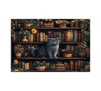 Spring Russian Blue Cat Jigsaw Puzzles for Adults 1000 Piece, Flower Bookshelf Kitten Wooden Printed Puzzles, Fun Pet Pattern Decor for Home Entertainment