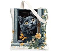 Spring Russian Blue Cats Canvas Tote Bag for Shopping 13 * 15, Funny Floral Windows Reusable Grocery Shoulder Bag for Women, Pet Painting Gift Decor