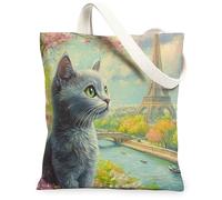 Spring Russian Blue Cats Canvas Tote Bag for Shopping 13 * 15, Romantic Towers Reusable Grocery Shoulder Cloth Bag for Women, Pet Painting Gift Decoration