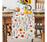 Spring Rustic Table Runner 13x108 Inches Long Sunflower Pink Flower Lavender Leaf Botanical Cotton Linen Table Runner Burlap Style for Dinner Table Party Decor Tabletop Decorations