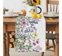 Spring Rustic Table Runner 13x120 Inches Long Wildflowers Pink Daisy Lavender Flower Cotton Linen Table Runner Burlap Style for Dinner Table Party Decor Tabletop Decorations