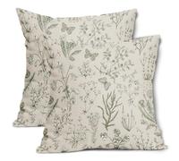 Spring Sage Green Floral Pillow Covers 16x16 Inch Vintage Wild Flower Herbs Plant Butterfly Decorative Pillow Cases Botanical Farmhouse Cushion Covers Home Decor For Sofa Couch Outdoor Set of 2
