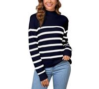SPRING SEAON Womens Jumper UK Knitted Fall Winter Casual Long Sleeve Turtleneck Striped Loose Pullover Ladies Sweater Tops Deco with Metal Buttons Navy Blue