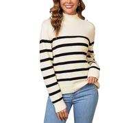 SPRING SEAON Womens Jumper UK Knitted Fall Winter Casual Long Sleeve Turtleneck Striped Loose Pullover Ladies Sweater Tops Deco with Metal Buttons Apricot