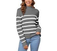 SPRING SEAON Womens Jumper UK Knitted Fall Winter Casual Long Sleeve Turtleneck Striped Loose Pullover Ladies Sweater Tops Deco with Metal Buttons Grey