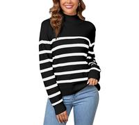 SPRING SEAON Womens Jumper UK Knitted Fall Winter Casual Long Sleeve Turtleneck Striped Loose Pullover Ladies Sweater Tops Deco with Metal Buttons Black