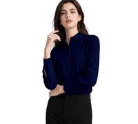 SPRING SEAON Womens Satin Blouse Button Down Long Sleeve Shirts Collared V Neck Elegant Blouses Casual Going Out Tops Office Work for Ladies Navy Blue