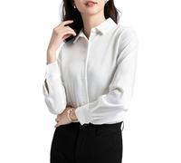 SPRING SEAON Womens Satin Blouse Button Down Long Sleeve Shirts Collared V Neck Elegant Blouses Casual Going Out Tops Office Work for Ladies White