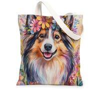 Spring Shetland Sheepdog Dog Canvas Tote Bag for Shopping 13 * 15, Aesthetic Floral Plant Reusable Grocery Shoulder Cloth Bag for Women, Pet Painting Gift Decor