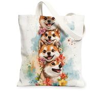 Spring Shiba Inu Dog Canvas Tote Bag for Shopping 13 * 15, Funny Fun Flower Floral Reusable Grocery Bag for Women, Pet Work Travel Pattern Gift Decor